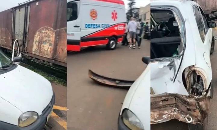 Adolescente fica ferido após carro ser atingido por trem em Jandaia do Sul