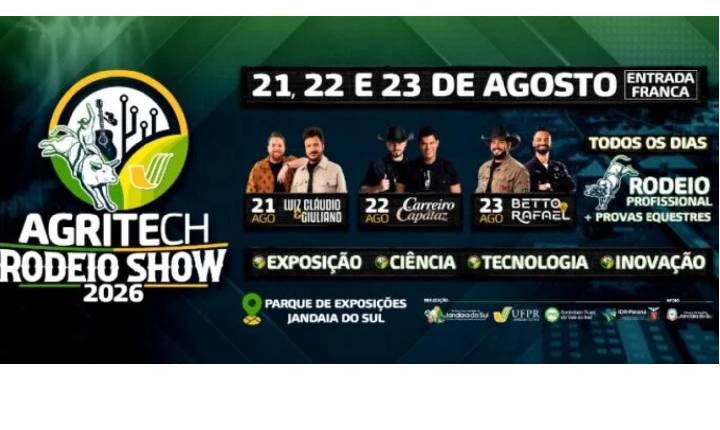 Agritech Rodeio Show 2026 começa nesta sexta-feira em Jandaia do Sul com entrada franca