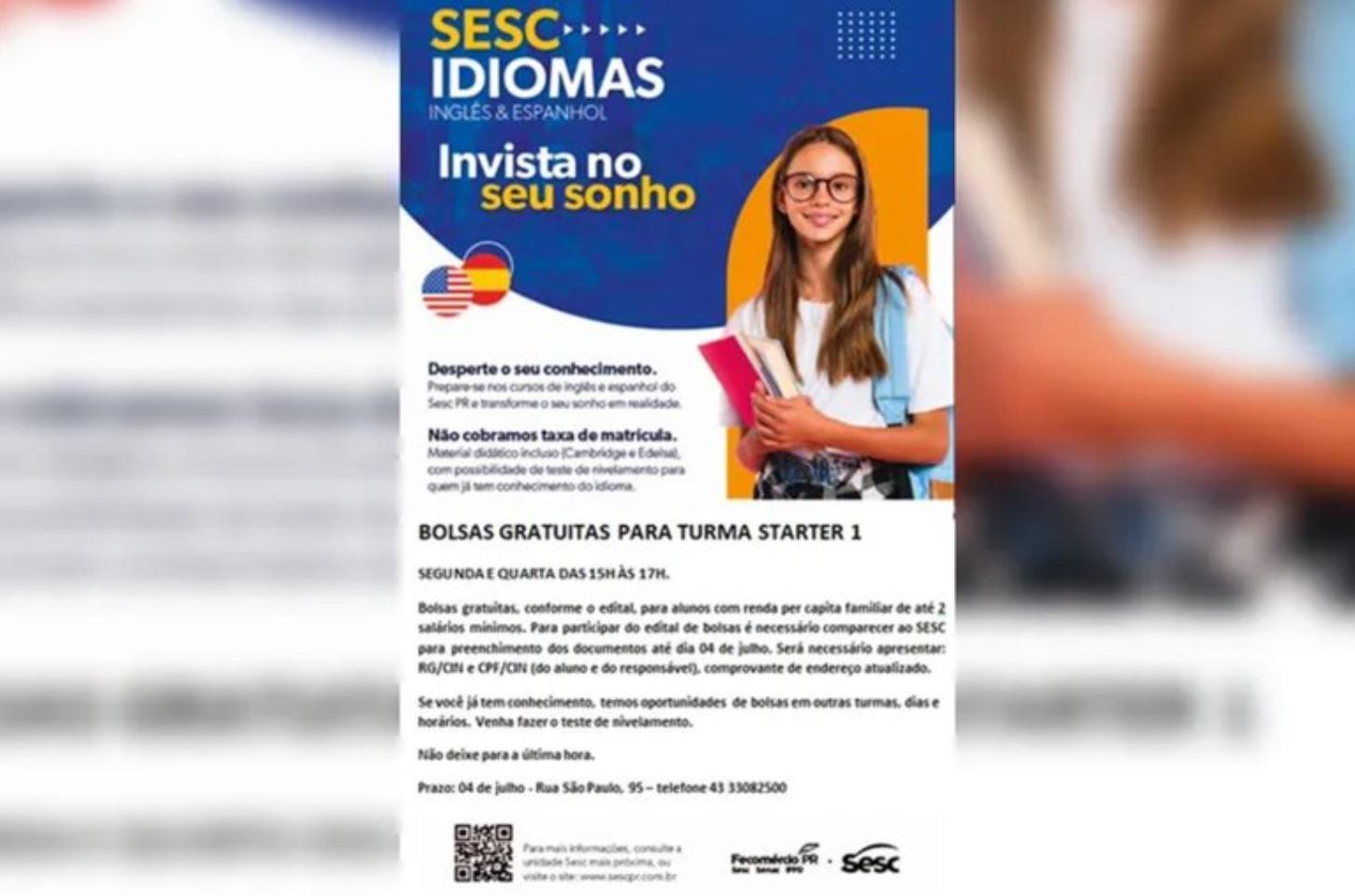 Sesc Apucarana oferece bolsas gratuitas para curso de inglês; inscrições até 4 de julho