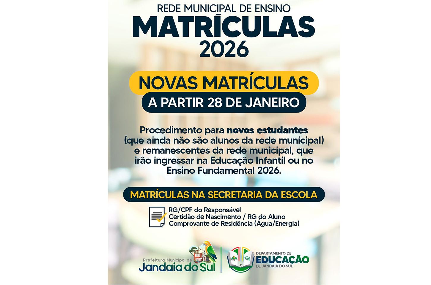 Rede Municipal de Ensino abre matrículas para o ano letivo de 2026 em Jandaia do Sul
