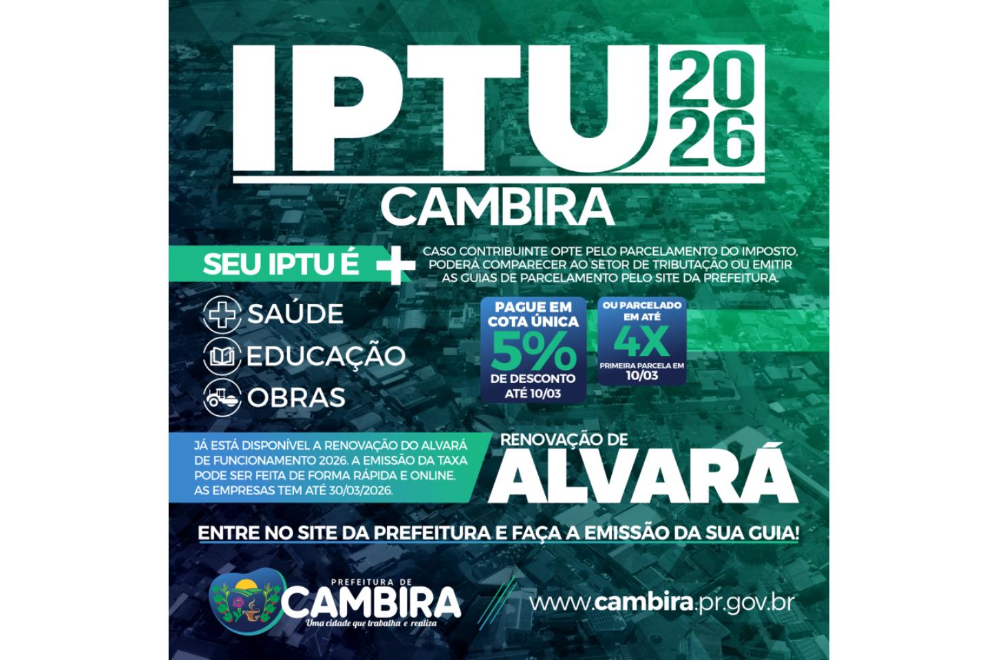 Prefeitura de Cambira disponibiliza IPTU 2026 e renovação de Alvará de Funcionamento
