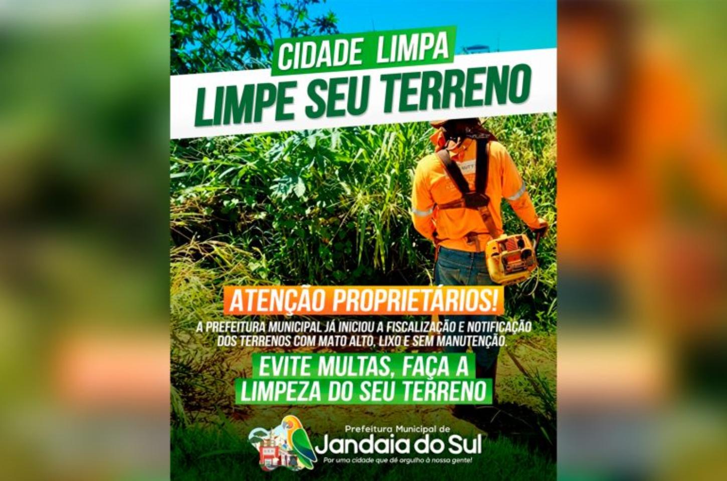 Prefeitura de Jandaia do Sul dá prazo final para limpeza de terrenos e calçadas