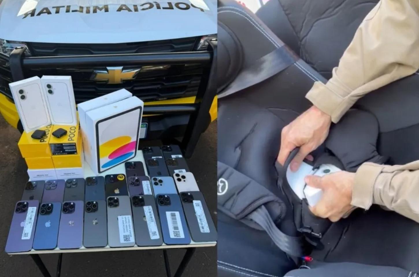 Casal é flagrado com iPhones escondidos em cadeirinha de criança na PR-317